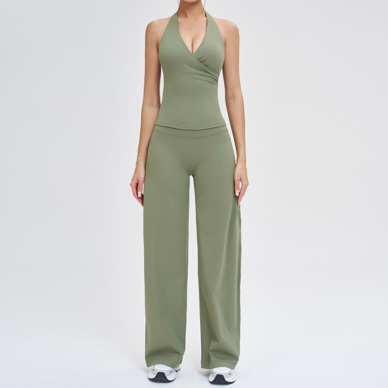 Two-Piece Women'S Workout Set: Wrap Halter Tank Top with High-Waisted Flared Leggings - Yoga & Pilates Outfit Womens Pants Suit