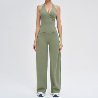 Two-Piece Women'S Workout Set: Wrap Halter Tank Top with High-Waisted Flared Leggings - Yoga & Pilates Outfit Womens Pants Suit
