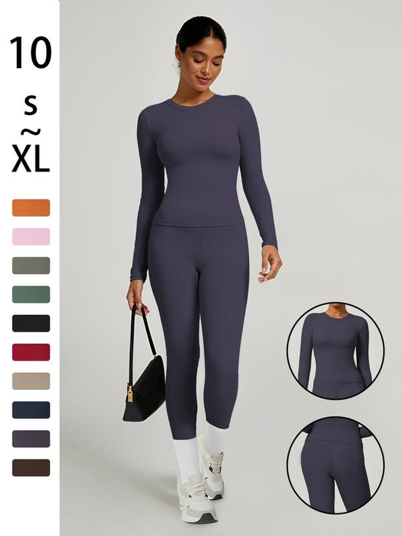 Women'S Sporty Solid Color Top & Pants Set, Comfortable Tee & Slim Fit Leggings, Ideal for Daily Yoga & Fitness Activities