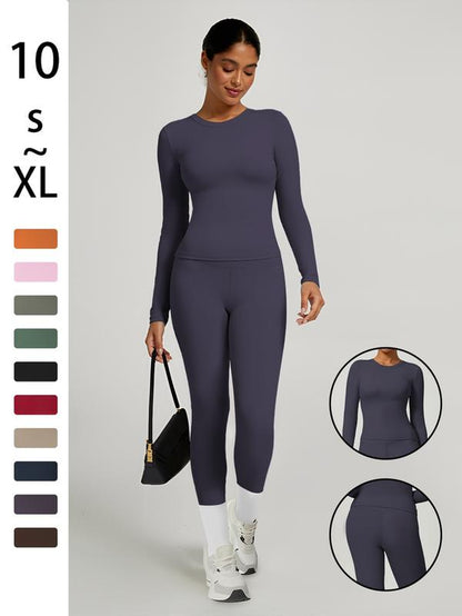Women'S Sporty Solid Color Top & Pants Set, Comfortable Tee & Slim Fit Leggings, Ideal for Daily Yoga & Fitness Activities