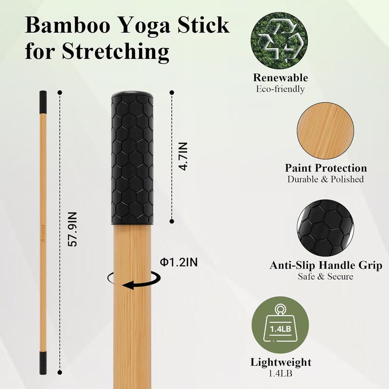 PAETA 5Ft Bamboo Yoga Stick for Stretching - Non-Slip Grip Mobility & Flexibility Exercise Stick with Free Video Guide