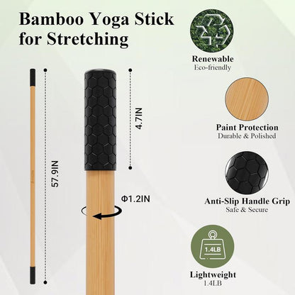 PAETA 5Ft Bamboo Yoga Stick for Stretching - Non-Slip Grip Mobility & Flexibility Exercise Stick with Free Video Guide