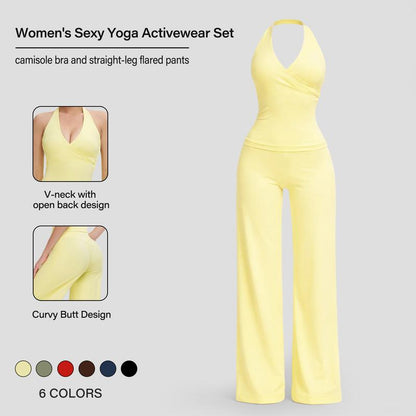 Two-Piece Women'S Workout Set: Wrap Halter Tank Top with High-Waisted Flared Leggings - Yoga & Pilates Outfit Womens Pants Suit