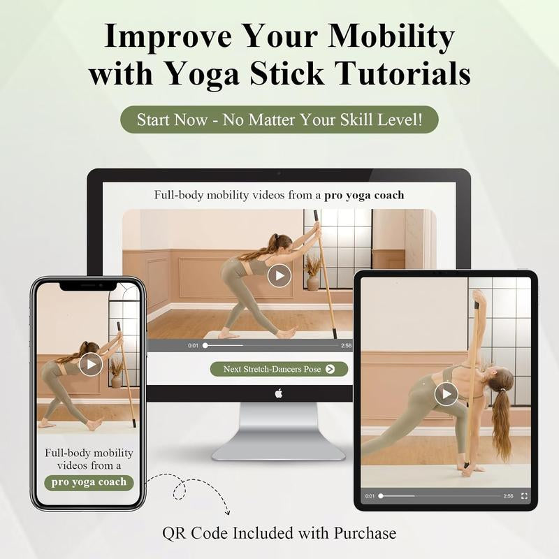 PAETA 5Ft Bamboo Yoga Stick for Stretching - Non-Slip Grip Mobility & Flexibility Exercise Stick with Free Video Guide