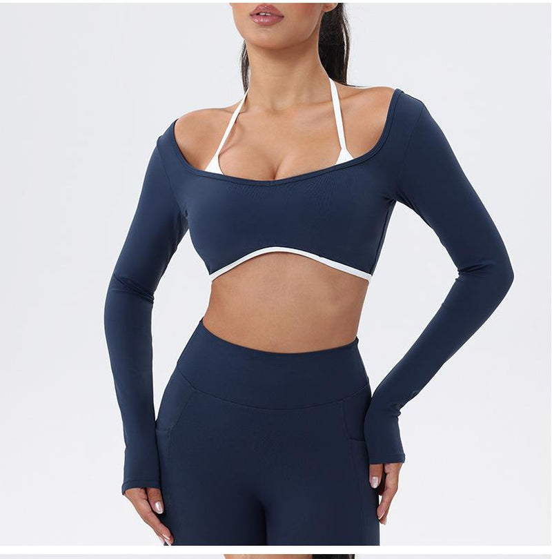 Workout Sets for Women 2 Piece Outfits Seamless High Waist Leggings Yoga Long Sleeve Crop Tops Athletic Gym Sets Elegante Sport Halter Bra for Gym Workout Sets for Women Free Gift: Athletic Shorts