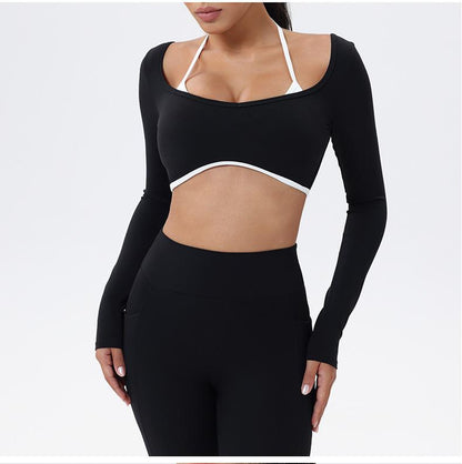 Workout Sets for Women 2 Piece Outfits Seamless High Waist Leggings Yoga Long Sleeve Crop Tops Athletic Gym Sets Elegante Sport Halter Bra for Gym Workout Sets for Women Free Gift: Athletic Shorts
