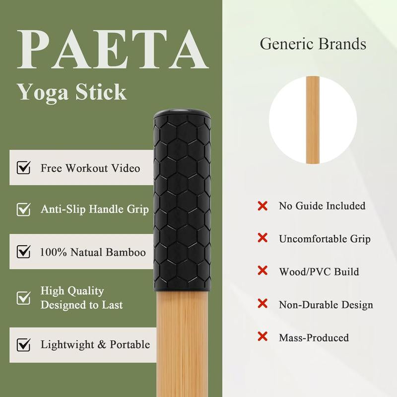 PAETA 5Ft Bamboo Yoga Stick for Stretching - Non-Slip Grip Mobility & Flexibility Exercise Stick with Free Video Guide