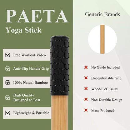 PAETA 5Ft Bamboo Yoga Stick for Stretching - Non-Slip Grip Mobility & Flexibility Exercise Stick with Free Video Guide