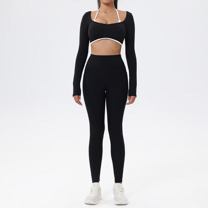 Workout Sets for Women 2 Piece Outfits Seamless High Waist Leggings Yoga Long Sleeve Crop Tops Athletic Gym Sets Elegante Sport Halter Bra for Gym Workout Sets for Women Free Gift: Athletic Shorts