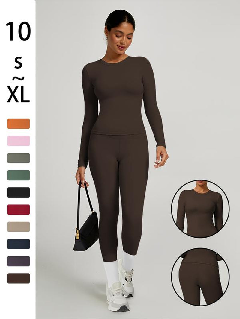 Women'S Sporty Solid Color Top & Pants Set, Comfortable Tee & Slim Fit Leggings, Ideal for Daily Yoga & Fitness Activities
