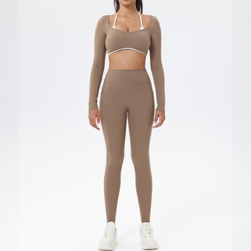 Workout Sets for Women 2 Piece Outfits Seamless High Waist Leggings Yoga Long Sleeve Crop Tops Athletic Gym Sets Elegante Sport Halter Bra for Gym Workout Sets for Women Free Gift: Athletic Shorts