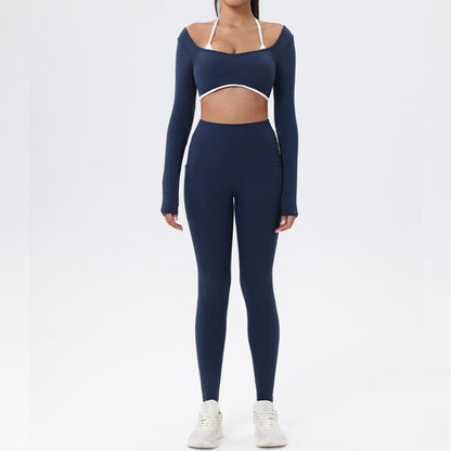 Workout Sets for Women 2 Piece Outfits Seamless High Waist Leggings Yoga Long Sleeve Crop Tops Athletic Gym Sets Elegante Sport Halter Bra for Gym Workout Sets for Women Free Gift: Athletic Shorts