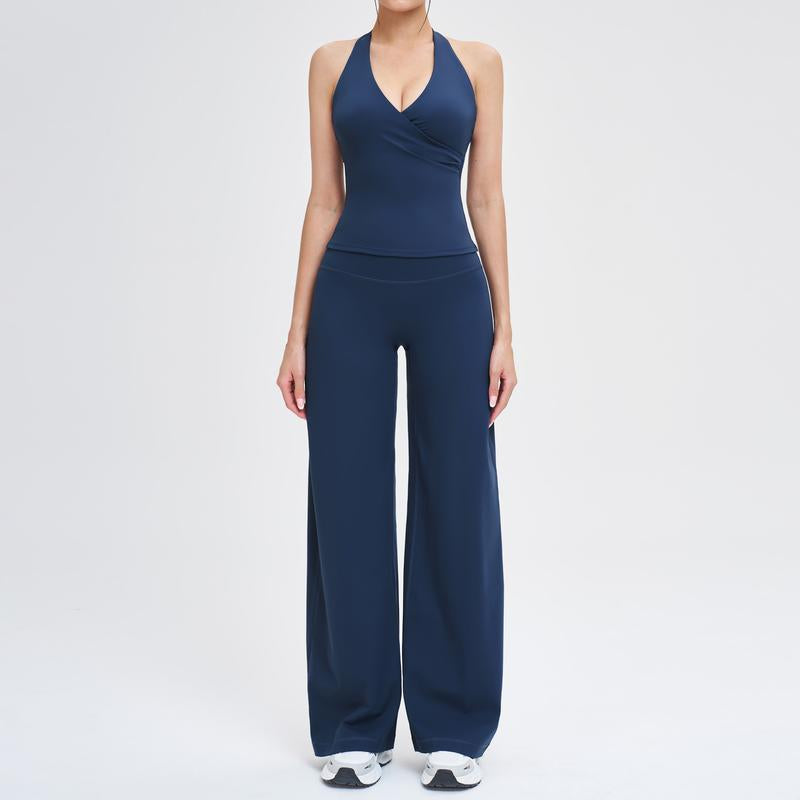 Two-Piece Women'S Workout Set: Wrap Halter Tank Top with High-Waisted Flared Leggings - Yoga & Pilates Outfit Womens Pants Suit