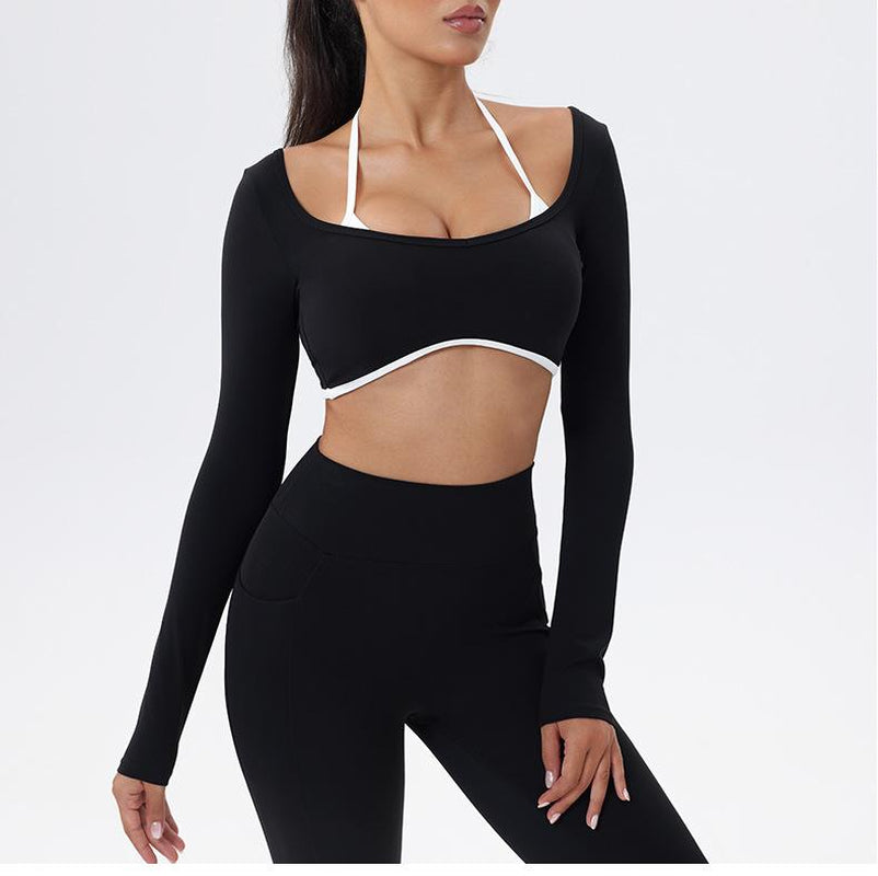 Workout Sets for Women 2 Piece Outfits Seamless High Waist Leggings Yoga Long Sleeve Crop Tops Athletic Gym Sets Elegante Sport Halter Bra for Gym Workout Sets for Women Free Gift: Athletic Shorts