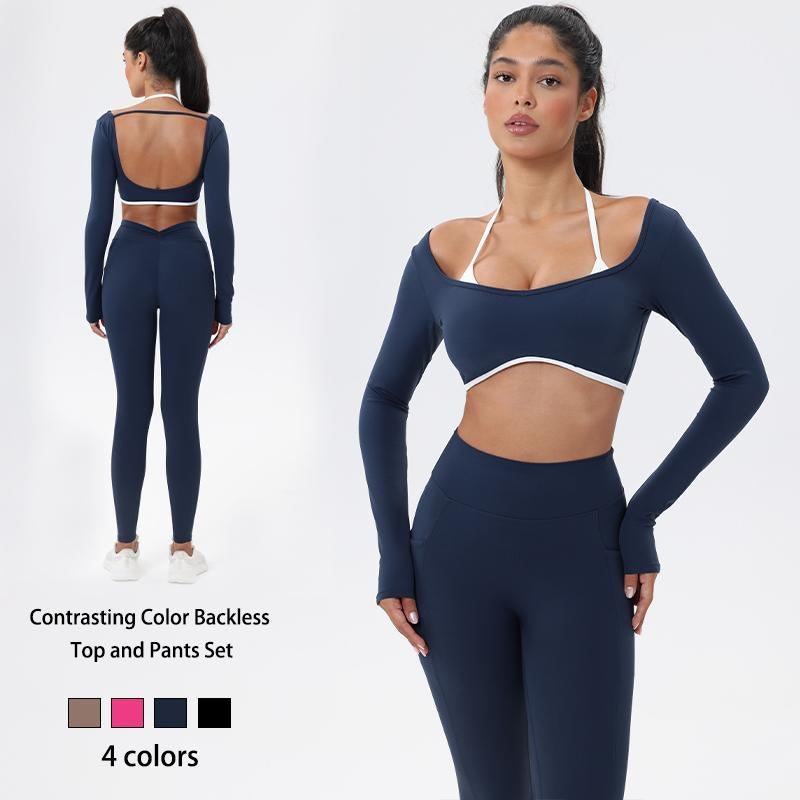 Workout Sets for Women 2 Piece Outfits Seamless High Waist Leggings Yoga Long Sleeve Crop Tops Athletic Gym Sets Elegante Sport Halter Bra for Gym Workout Sets for Women Free Gift: Athletic Shorts