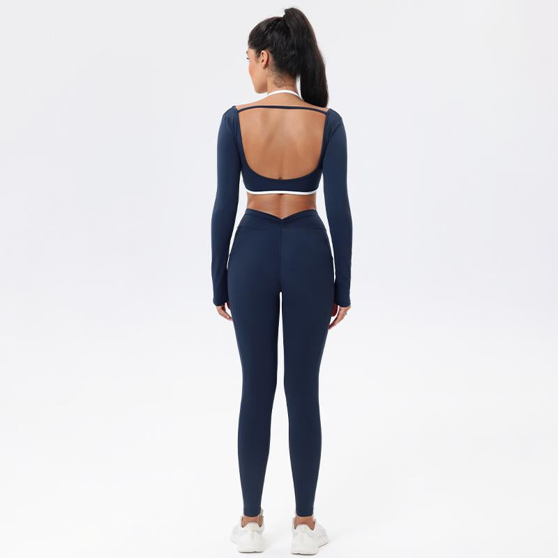 Workout Sets for Women 2 Piece Outfits Seamless High Waist Leggings Yoga Long Sleeve Crop Tops Athletic Gym Sets Elegante Sport Halter Bra for Gym Workout Sets for Women Free Gift: Athletic Shorts