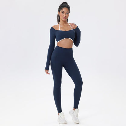 Workout Sets for Women 2 Piece Outfits Seamless High Waist Leggings Yoga Long Sleeve Crop Tops Athletic Gym Sets Elegante Sport Halter Bra for Gym Workout Sets for Women Free Gift: Athletic Shorts